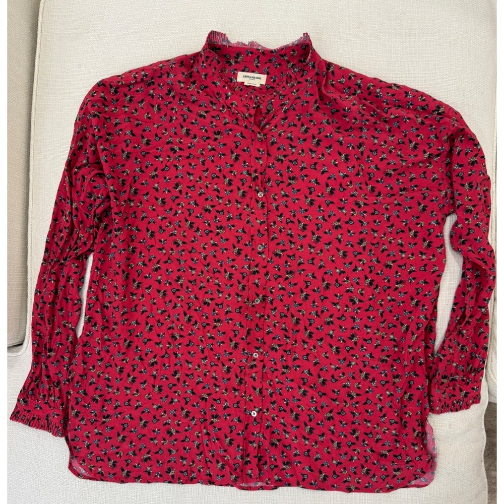 Zadig & Voltaire Tamis Liberty Blouse Womens S Red Floral Ruffle Neck Excellent